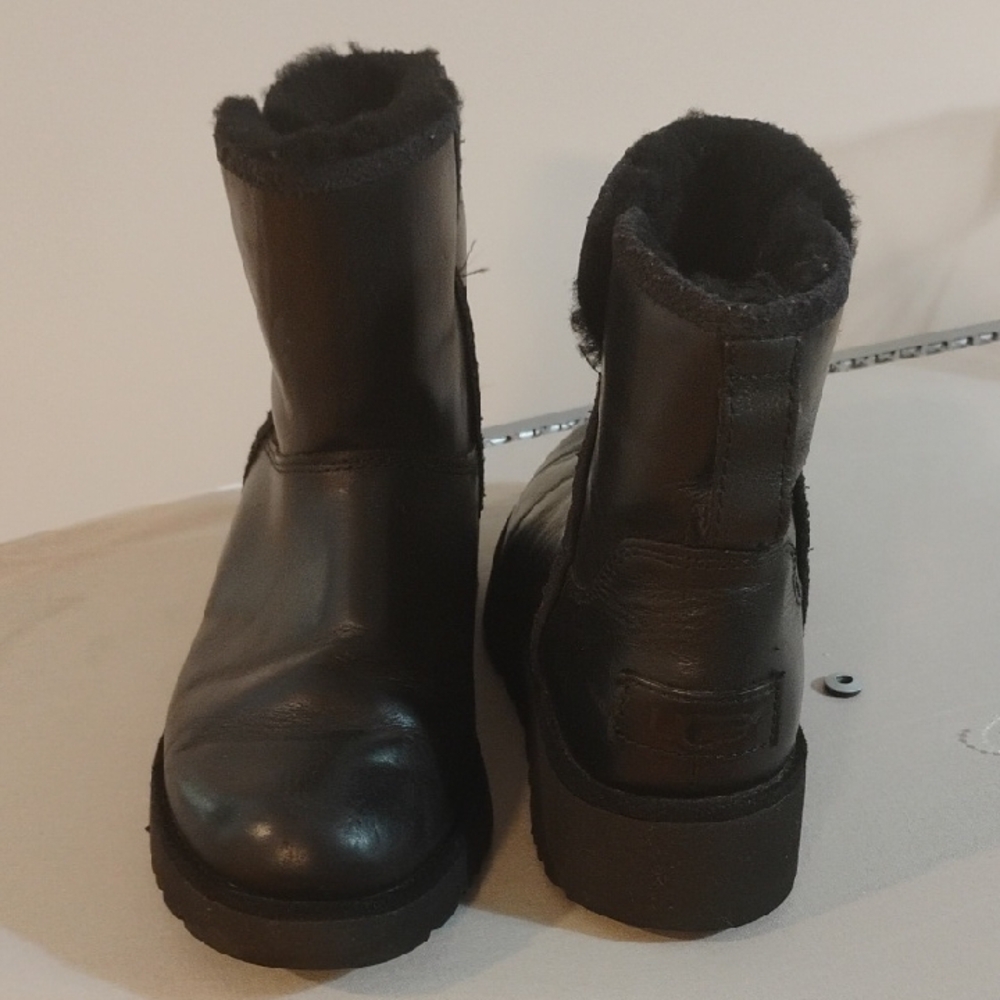 UGG Black Leather Winter Boots with Shearling Trim